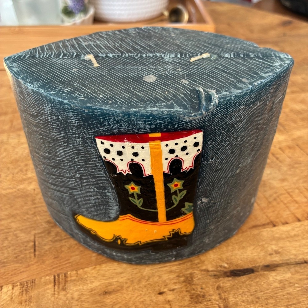Vintage Western Cowboy Boot and Hat Blue Textured 2 Wick Pillar Candle Rustic